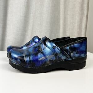 Dansko Black and Blue Patterned Clogs
